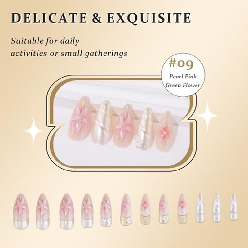 evpct 3D Pearl Pink Green Handmade Press On Nails Almond Medium, 3D Flower Design Fake Nails Rusable for Spring & Summer Daily Wear, False Acrylic Nail with Kits Press ons Nail for Women Gift, 24Pcs