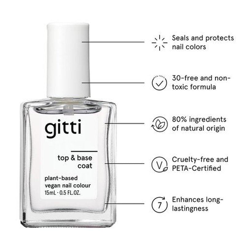 gitti Top & Base Coat I Plant-based, Non-Toxic, 30-Free, Based On Natural Origin Ingredients, Cruelty-Free, Vegan, Long-Lasting I Prevents Discoloration & Chipping, Glossy Finish, Clear (0.5 fl oz)