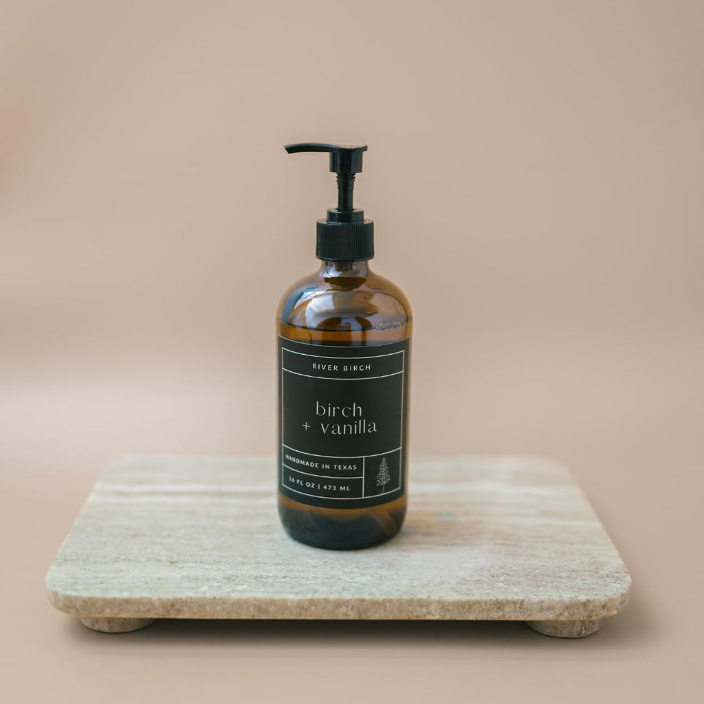 River Birch Birch + Vanilla Scented Natural Hand Soap - Handmade Soap - Moisturizing Hand Wash with Amber Glass Dispenser - Luxury Scented Hydrating Hand Soap - Vegan and Non-Toxic -16 Fl Oz