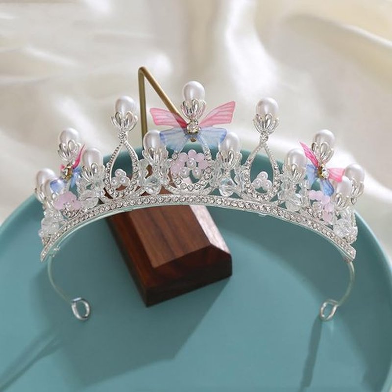 Tiara Butterfly Crown Gold Pearl Headband Rhinestone Hairpiece for Wedding Bridal Prom Birthday Party Cosplay (Silver)
