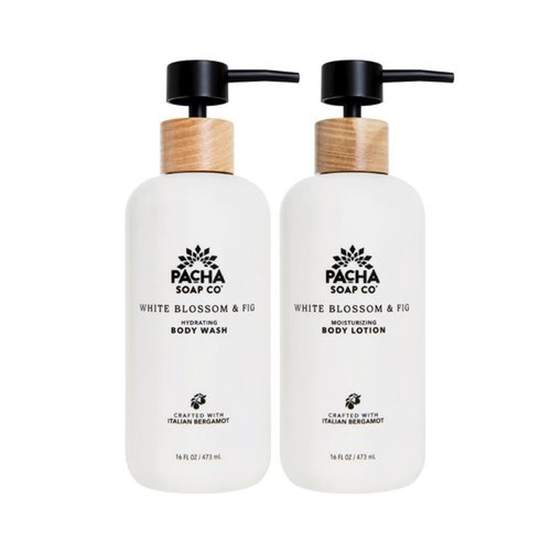 Pacha Soap Co. Body Wash & Lotion Set - White Blossom & Fig Scent, Hydrating & Moisturizing Formula with Clean Ingredients and Essential Oils, Paraben and Dye-Free, Made in USA, 2-Pack, 16 fl oz Each