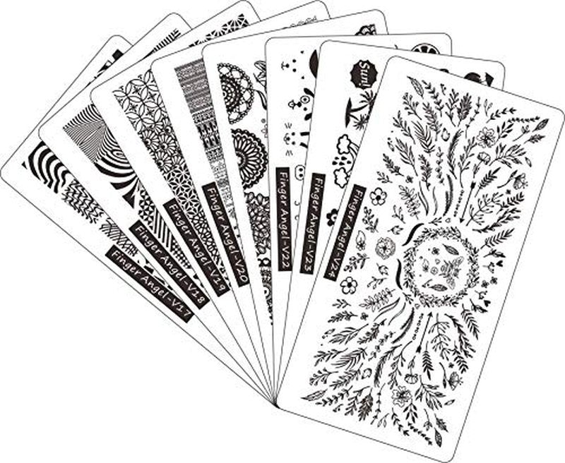 FingerAngel 8pcs Nail Stamp Plates + Nail Stamper with Scraper+ 1 Pcs storage bag Nails Art Stamping Plate Scraper Stamper Set Leaves Flowers Animal Template Image (V17-24)