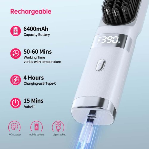Cordless Hair Straightener Brush Portable on The go Comb for Travel USB chargingTwo Power sources30s Fast HeatingLCD Large Screen Display (White) 101010
