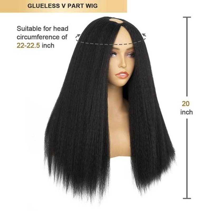 Enivuoso Yaki Straight V Part Wig Afro Kinky Straight Half Wig 180% Density Wear and Go Glueless Synthetic Half Wigs for Black Women, Synthetic No Leave out Clip in (#1B Black, 20 Inch)