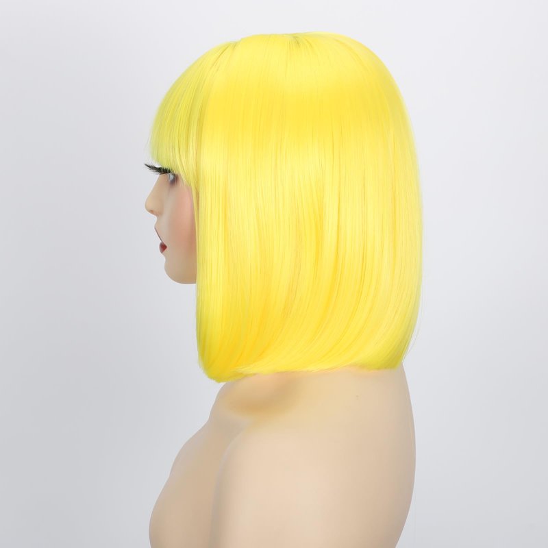 Yellow Short Bob Wig with Bangs, Synthetic Straight Hair Wigs for Women, 14 Inch Cosplay Costume Bob Wig (Yellow)
