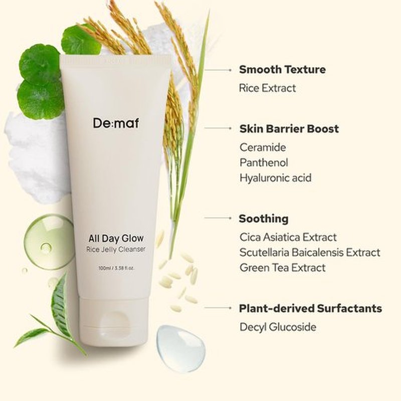 De:maf All Day Glow Rice Jelly Cleanser, Rice Extract, Low pH Cleanser, Soothing and Calming, Keeps Skin Moist After Cleanse, Suitable for Sensitive Skin, Korean Skincare (100ml, 3.38, Fl Oz)
