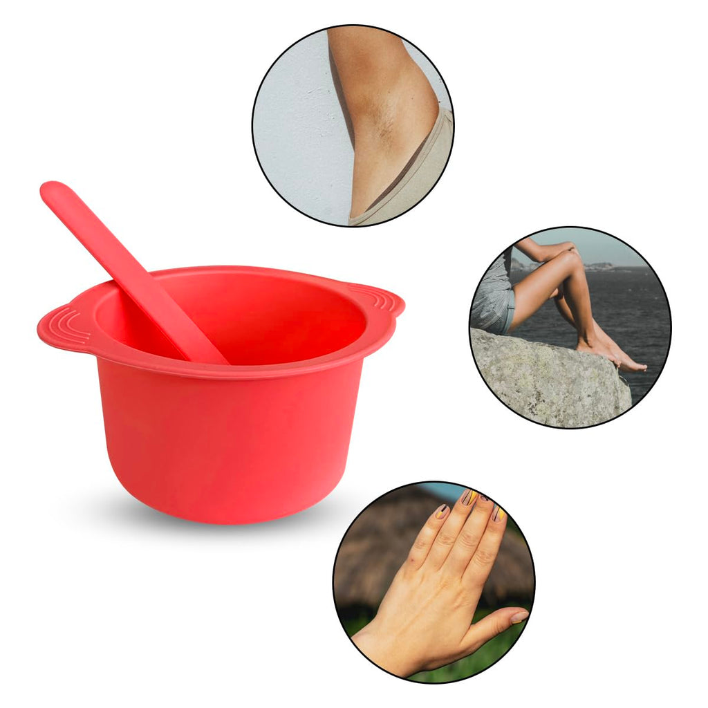 Silicone Wax Bowl with Replacement Liner for Hair Removal, Non-Stick Wax Pot with Spatula Sticks (Red)