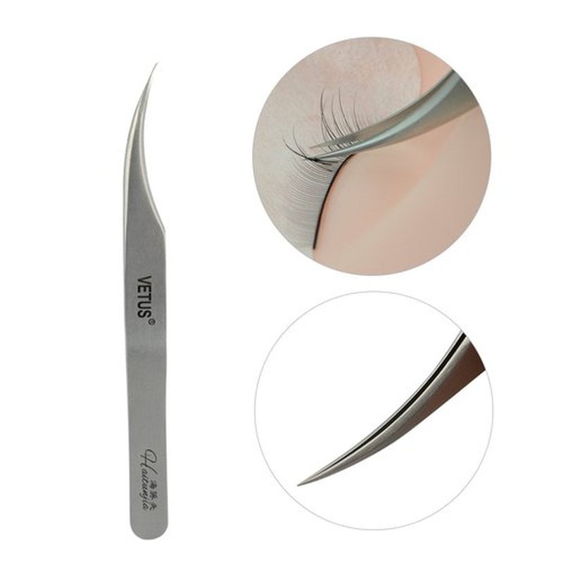 Qeelasee 1 PC Dolphin Tweezers, Stainless Steel, Anti-Magnetic & Anti-Static, Hard & High-Precision, Curved, Black Leather Case, False-Eyelashes Tweezers