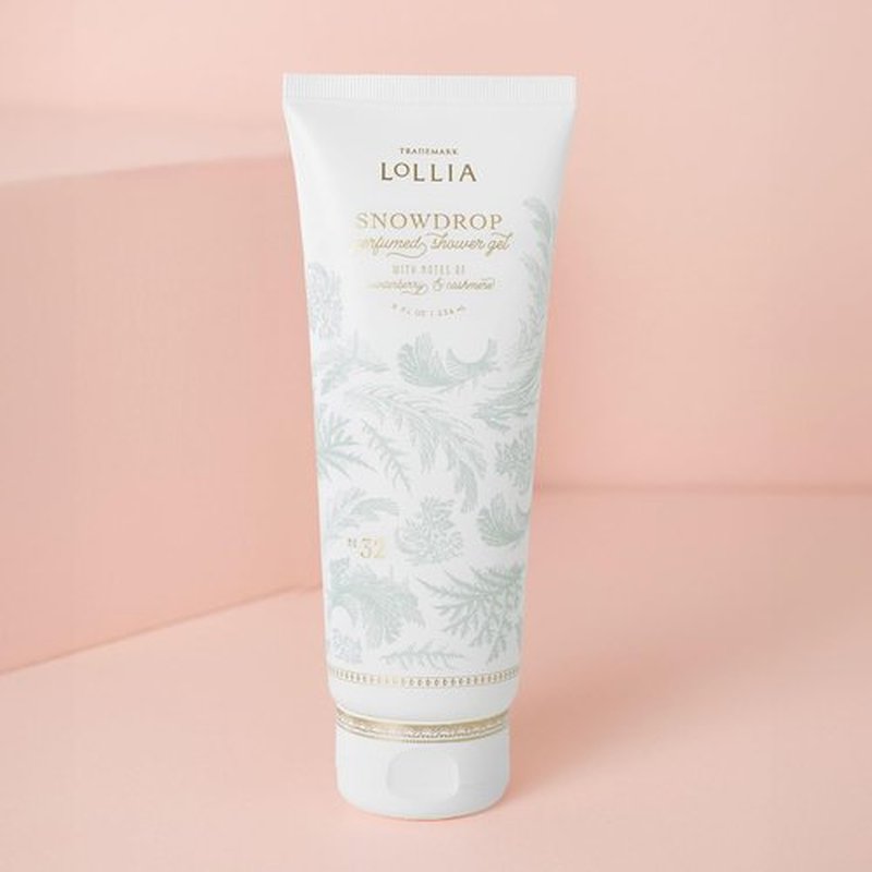 LOLLIA Snowdrop Shower Gel, 8 fl oz, 236 ml, Winterberry & Cashmere Fragrance, Luxury Shea Hydrating Women's Body Wash, Delicate & Relaxing Scented Bath Soap