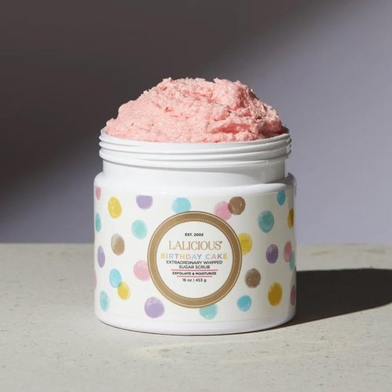 LaLicious Birthday Cake Extraordinary Whipped Sugar Scrub - Pink Shimmer Body & Foot Scrub, Exfoliating & Moisturizing Skin Care with Coconut Oil & Honey, No Parabens (16oz)