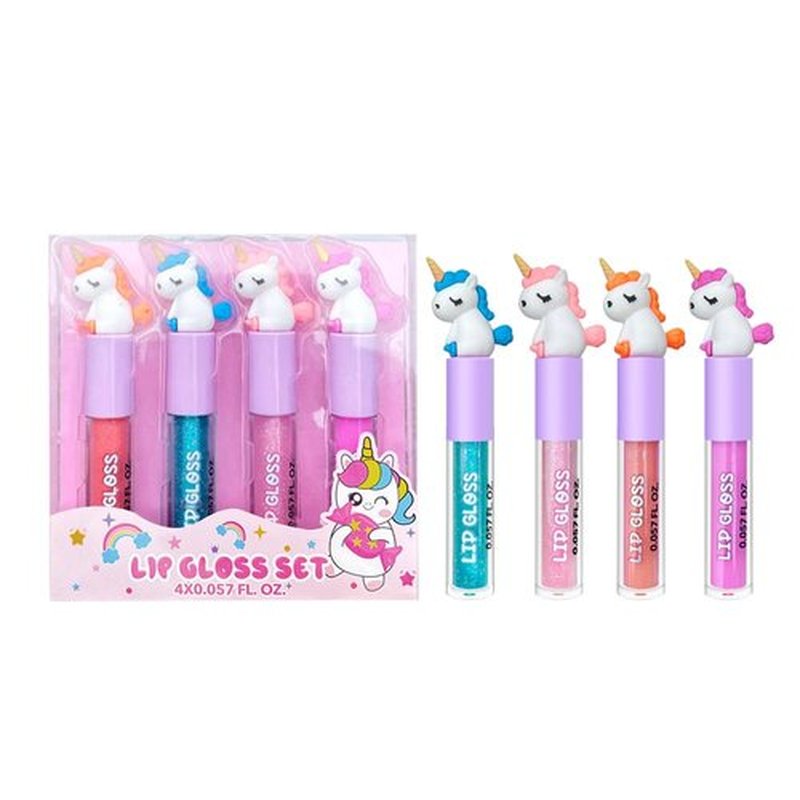 M&U MAKE YOU UP 4pc Unicorn Lip Gloss Stick for Girls- Party Favors Glossy Lip Set with Magic Topper, Girls Birthday Gift, Princess Theme Gift (4 Pack) - Non Toxic