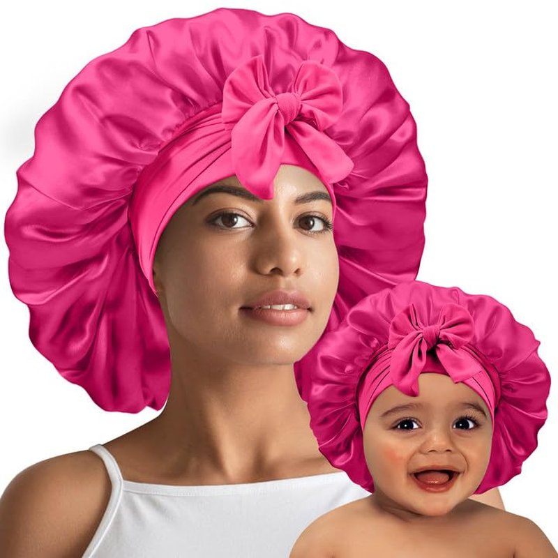 UHBYJM 2 PCS Mommy and Me Bonnet Set, Silk and Satin Bonnets for Sleeping with Elastic Tie Band, Adjustable Hair Bonnets for Women, Girls, Kids and Toddlers (Rose Red)