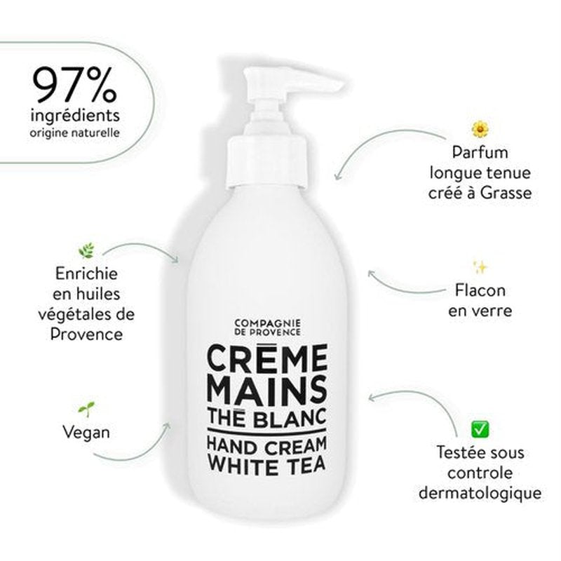 Compagnie de Provence Luxury Hand Cream - White Tea Scent - 10 Fl Oz Glass Pump Bottle