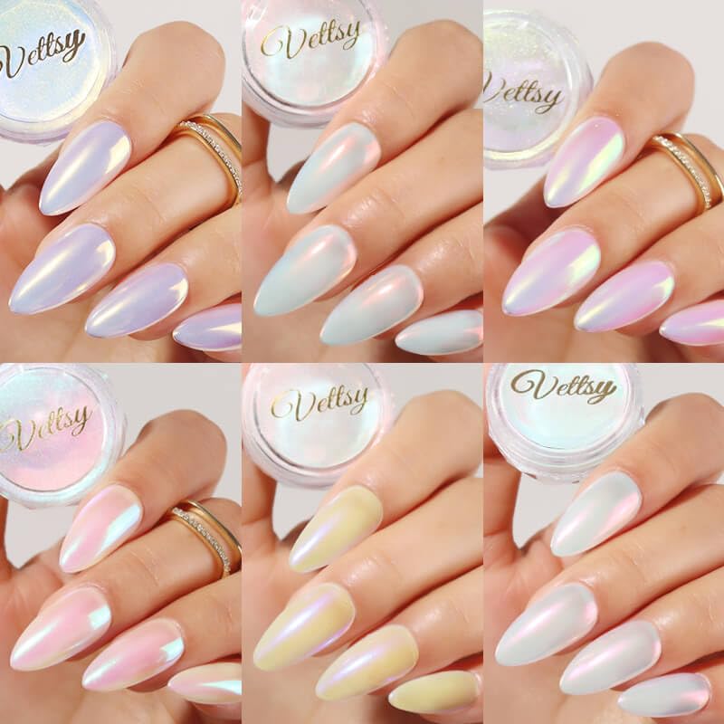 Vettsy Mermaid Ice Transparent Aurora Chrome Nail Powder, 6 Colors Transparent Iridescent Shimmer Pigment Pearlescent Nail Art Glitters