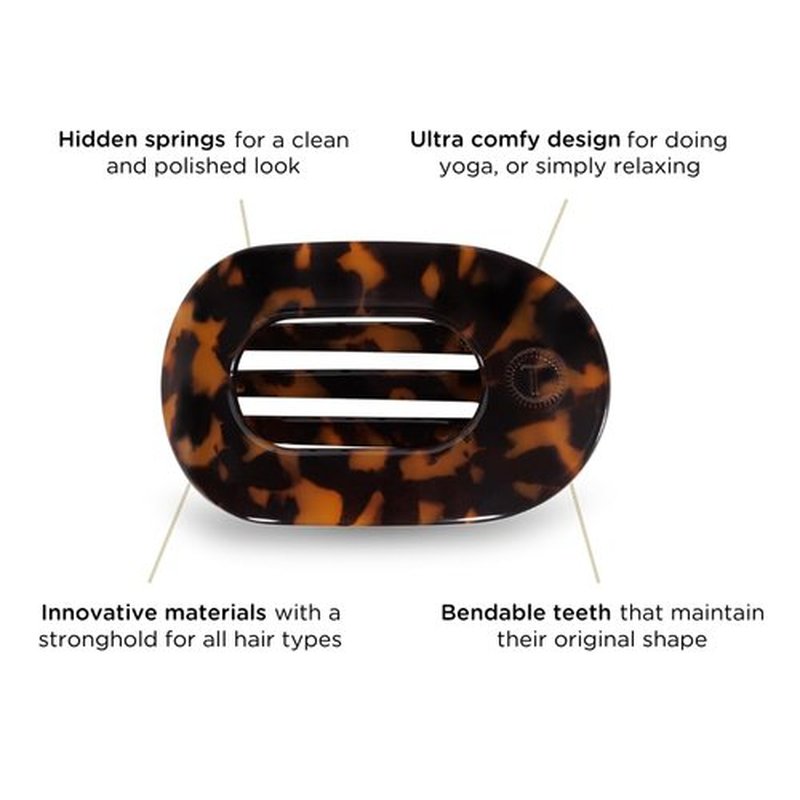 TELETIES - Small Flat Round Clip - Strong Grip, Bendable Teeth, Comfortable Curved Design - For Lying Down, Yoga, Driving & More - Ideal for Thin-Medium Hair - For All Hair Textures - Tortoise
