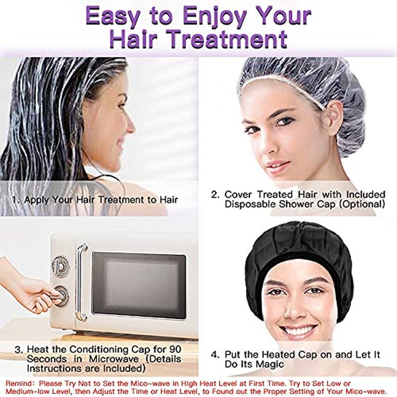 Deep Conditioning Heat Cap Cordless 100% Natural Cotton Flaxseed Seed Interior Microwave Treatment Steam Hot Cap for Deep Conditioning Natural Curly Hair, Drying, Styling (Black)