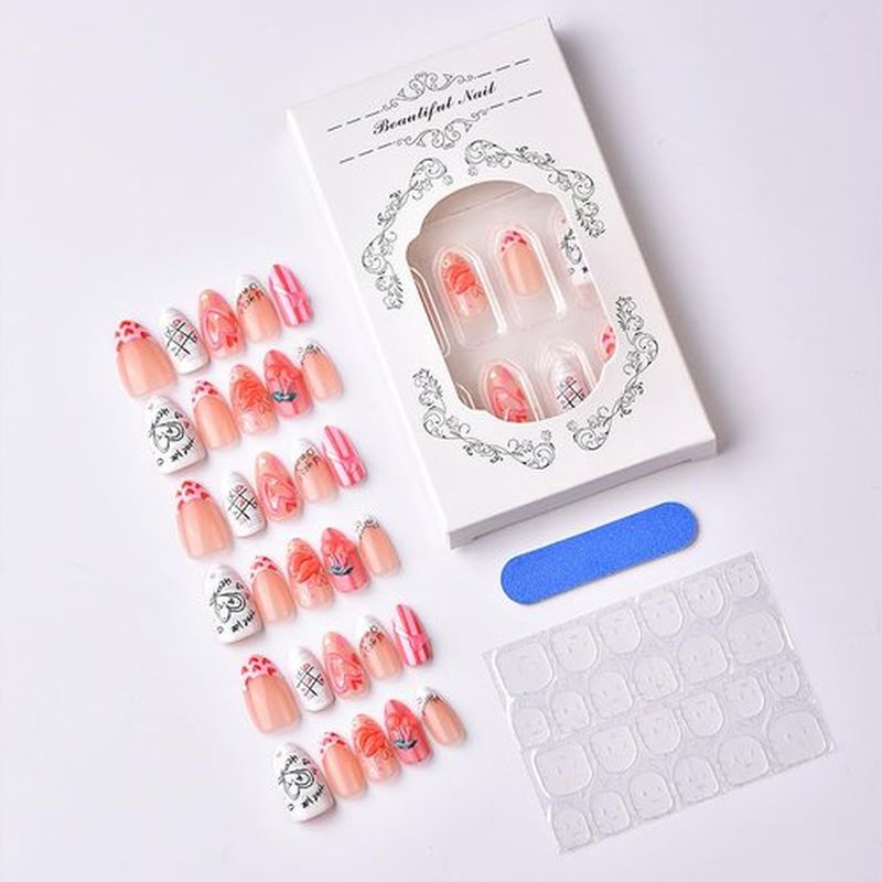 plalely Press on Nails Medium Almond,Handmade Acrylic Press on Nails with Flower Designs，Short Stick on Nail for Women 24pcs