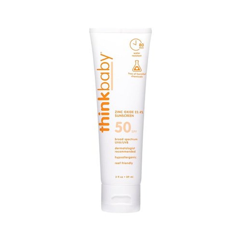Thinkbaby SPF 50+ Baby Sunscreen - Natural Mineral Formula, Water Resistant, Broad Spectrum UVA/UVB Protection - 3 Oz.