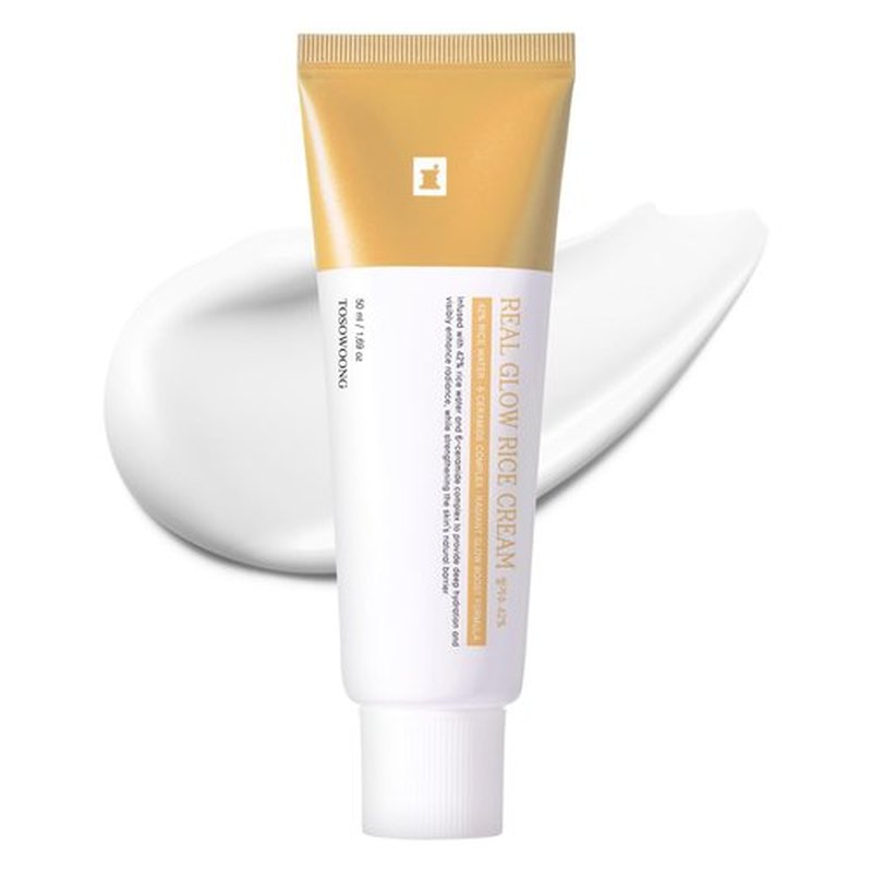 TOSOWOONG Real Glow Rice Cream, 42% Rice Bran Water Hydrating Face Moisturizer, Hyaluronic Acid, 6 Ceramides Deep Nourishment, Moisture Barrier Repair, Glass Skin, Korean Skincare, 50ml / 1.69 fl. oz.