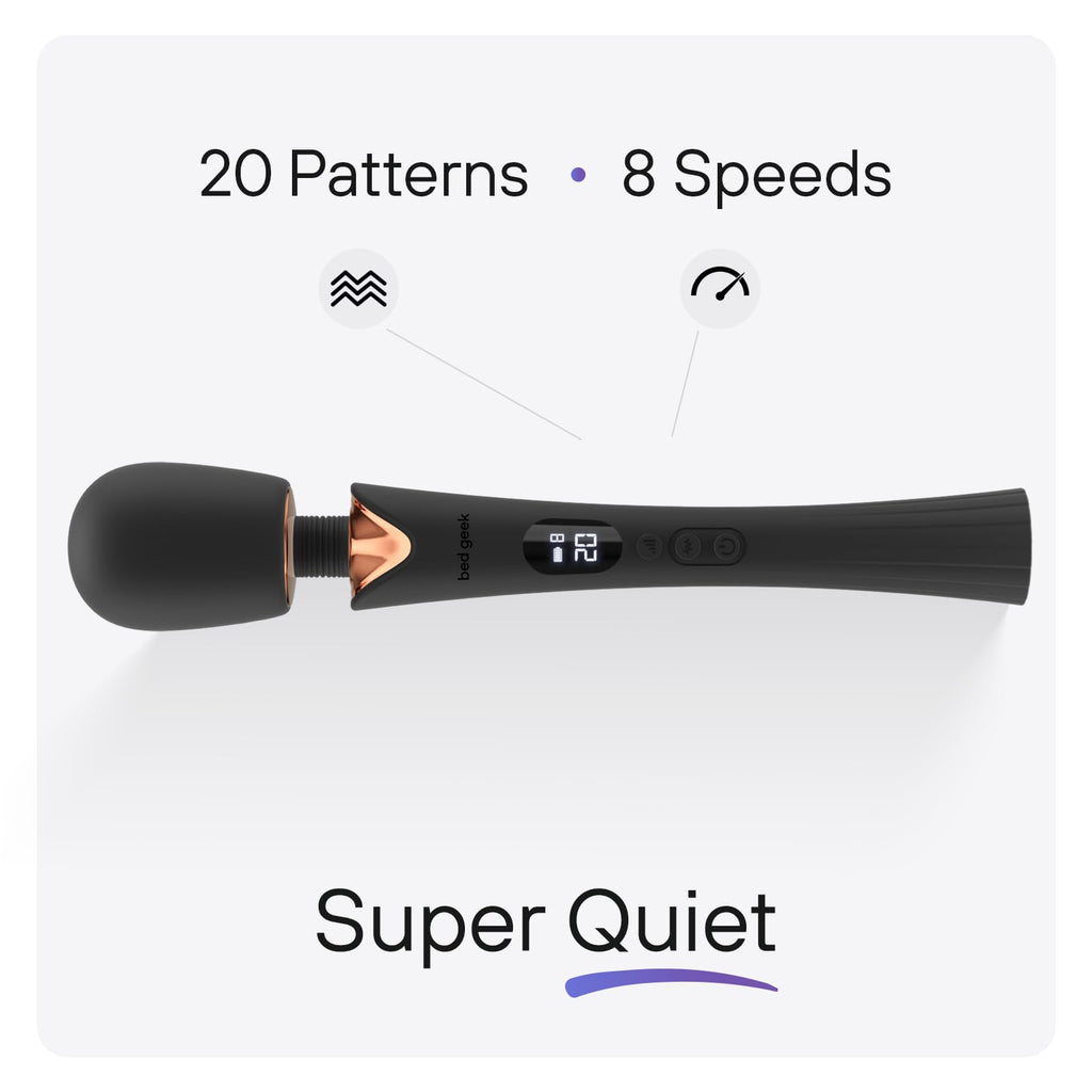 bed geek Cordless Wand Massager – Super Powerful Handheld Massage with 20 Speeds & 8 Patterns, Soft Silicone Head, Quiet Motor, LED Display, Body-Safe & Waterproof Black & Rose Gold