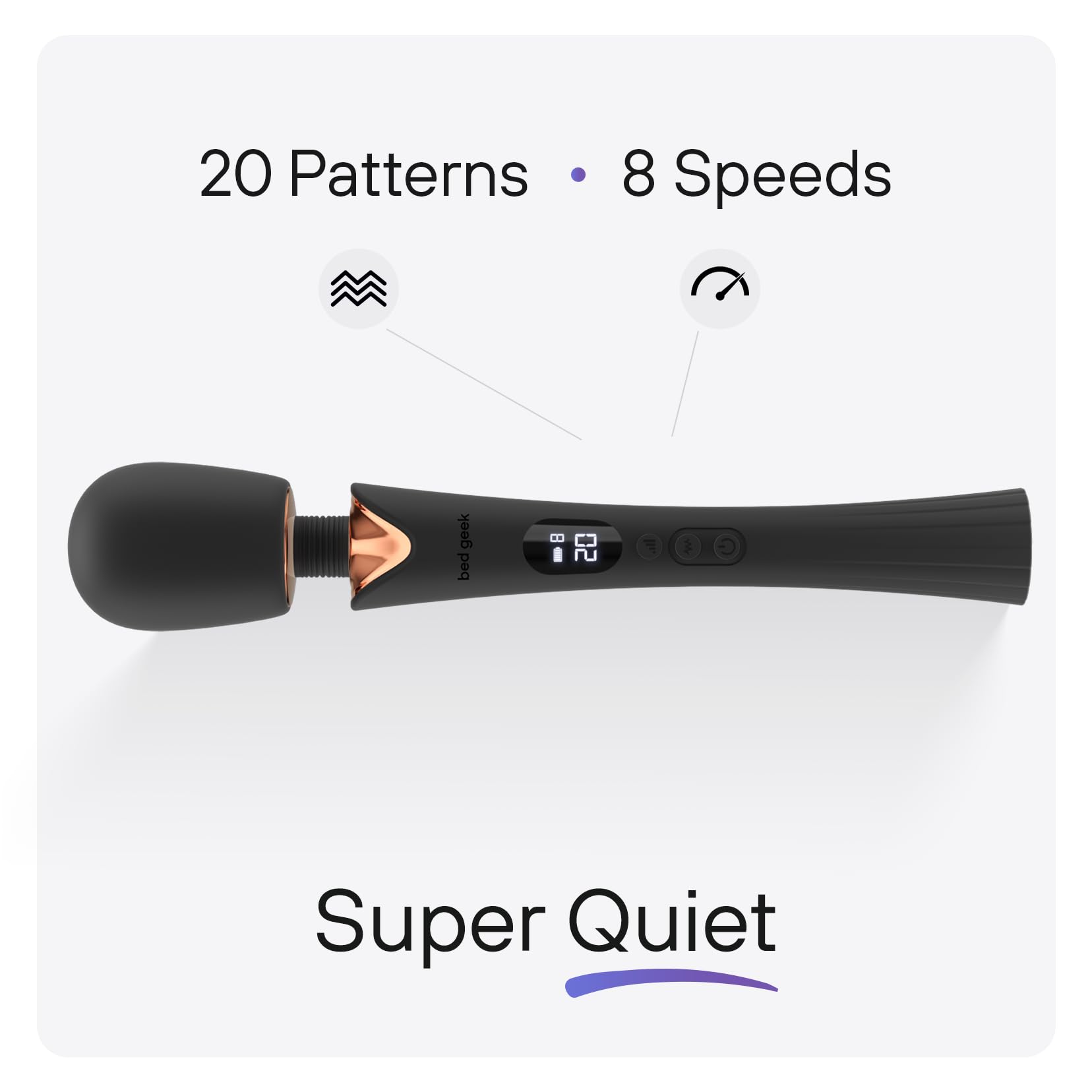 bed geek Cordless Wand Massager – Super Powerful Handheld Massage with 20 Speeds & 8 Patterns, Soft Silicone Head, Quiet Motor, LED Display, Body-Safe & Waterproof Black & Rose Gold