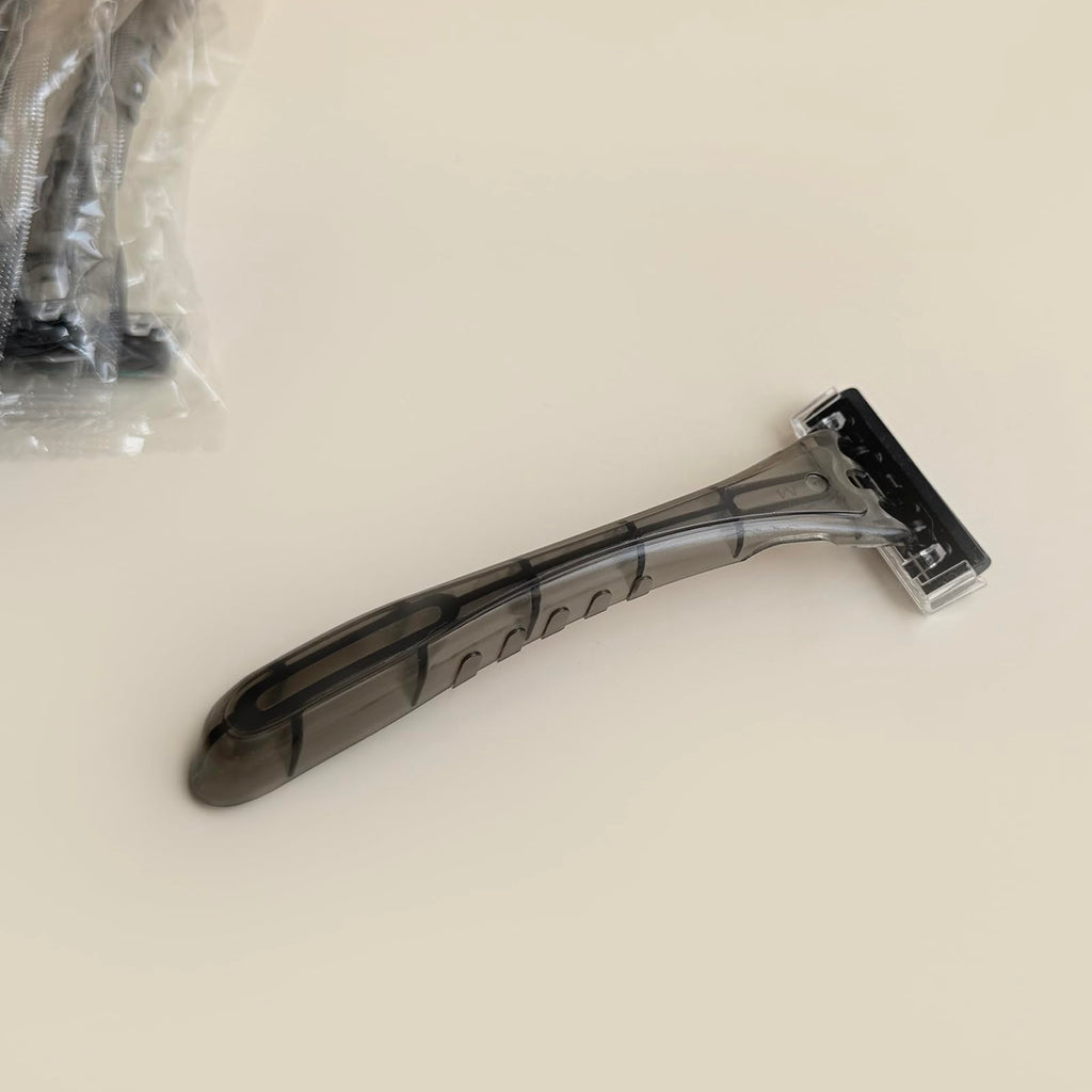 Disposable 3 Blades Razors Bulk, Travel Size Individually Wrapped Manual Razors with Stainless Steel Blade (Grey) (50)