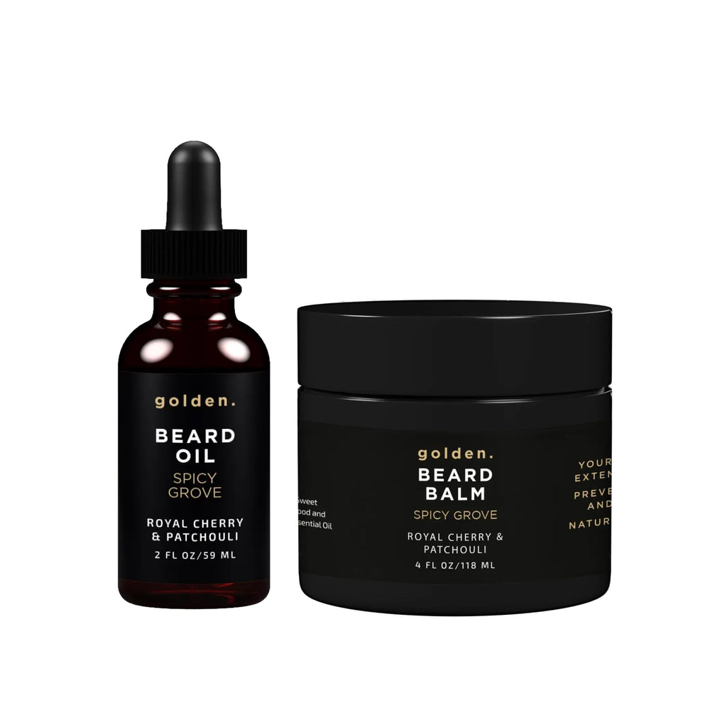Golden Grooming Beard Bundle for Black Men - Mega Growth Kit with 4oz Balm & 2oz Oil - Shea Butter Conditioner - Spicy Grove (XL)