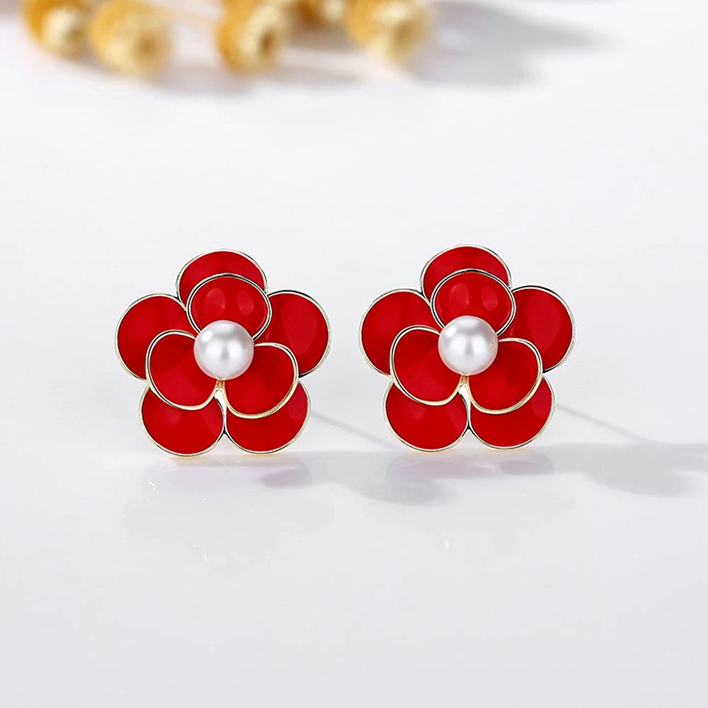 White Red Rose Flower with Shell Beads Stud Earrings