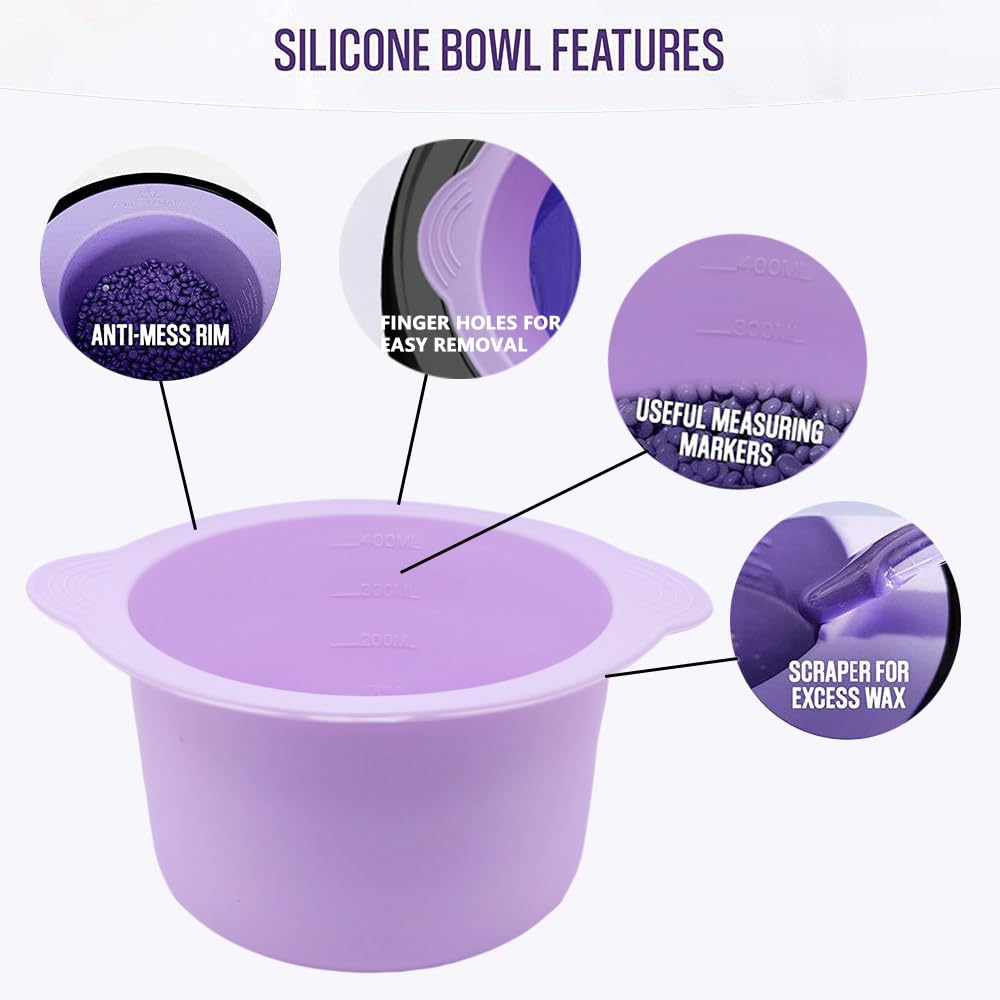 Silicone Wax pot Liner, Silicone Wax Bowl Warmer liner, Non-Stick Melt Pot Replacement, Reusable Melt Liner with 50 Pcs Waxing Sticks Body Hair Removal 14 oz (1 purple)