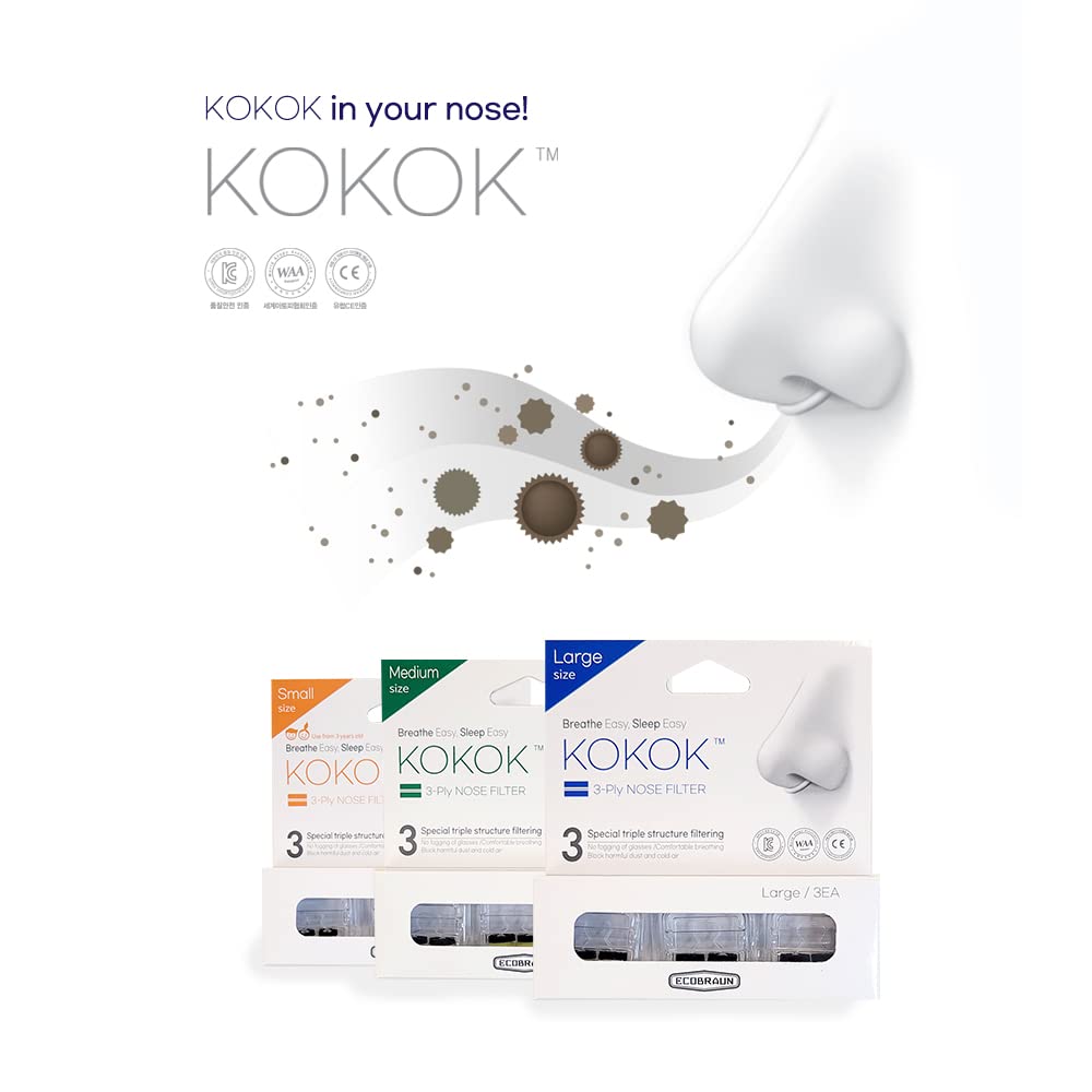 KOKOK 3-Ply Nose Filter Reusable Breathable Nasal Plugs Air Filteration for Dust, Pollution, Block Cold Air - Pack of 3 (Medium)