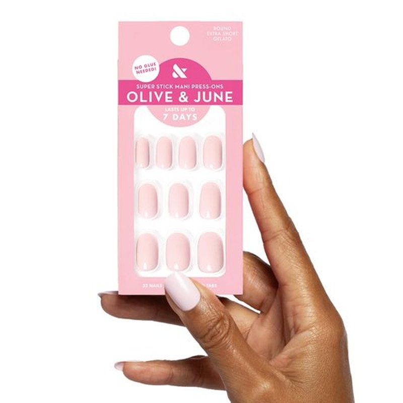 Olive & June Classic Super Stick Mani Press On Nails | Valentine's Day | Short, Round No Glue Needed | 32 Tab Nails in 16 Sizes | Non-Toxic Tabs Easy On-Off Non-Damaging 7-Day Wear |Gelato Pink