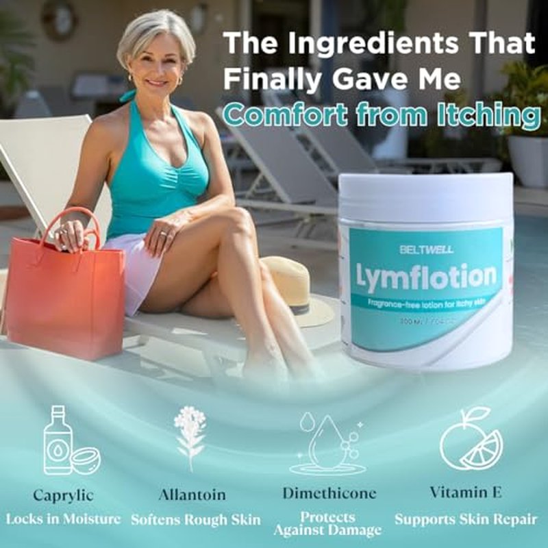 Beltwell® Lymflotion Non-Greasy Moisturizer for Dry & Sensitive Skin Relief – Fragrance Free Anti-Itch Lotion for Itchy Skin, Lymphedema, Diabetes, Eczema, Cracked Feet & Arms – 200ml