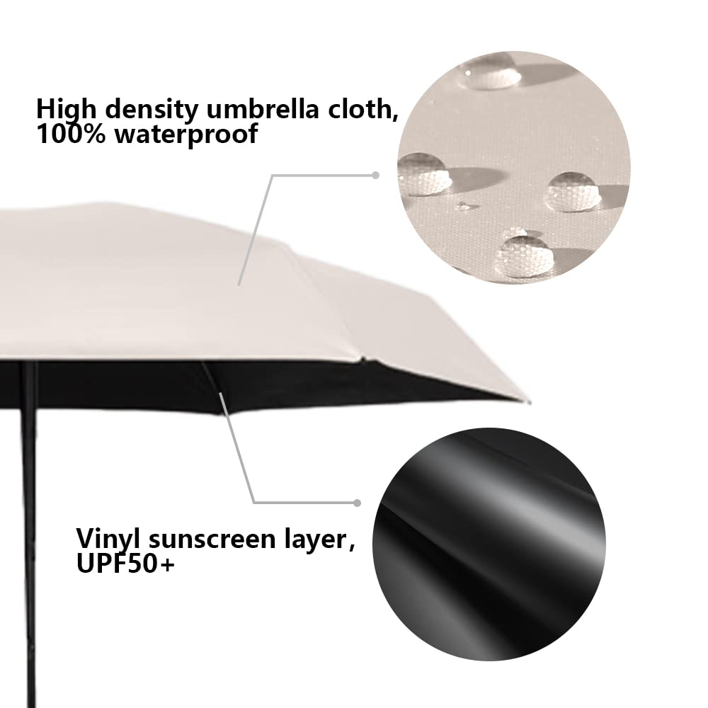 ESUFEIR Mini Sun Umbrella for Purse With Case, Small Compact UV Umbrella Travel Essentials, Lightweight Portable Parasol Windproof for Women Men Kids (Beige)