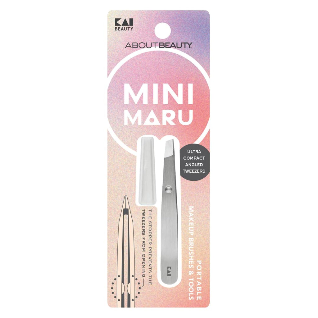 Kai Mini Maru Ultra Compact Angled Tweezers, Travel Eyebrow Tweezers with Precision Slant Tip, Gentle Hair Removal for Brows, Chin and Cheeks, Protective Cover Included