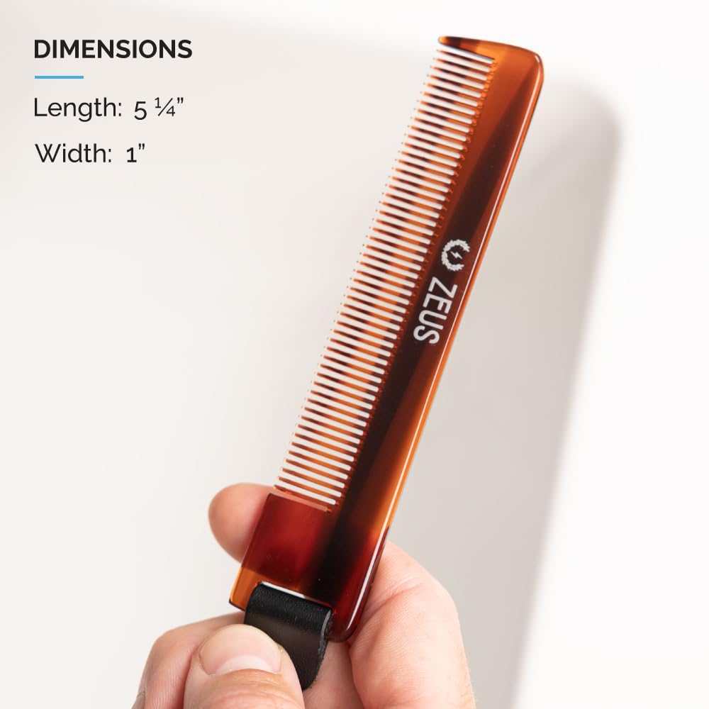 ZEUS Pocket Beard Comb with Leather Sheath, Handmade Saw‑Cut Travel Comb