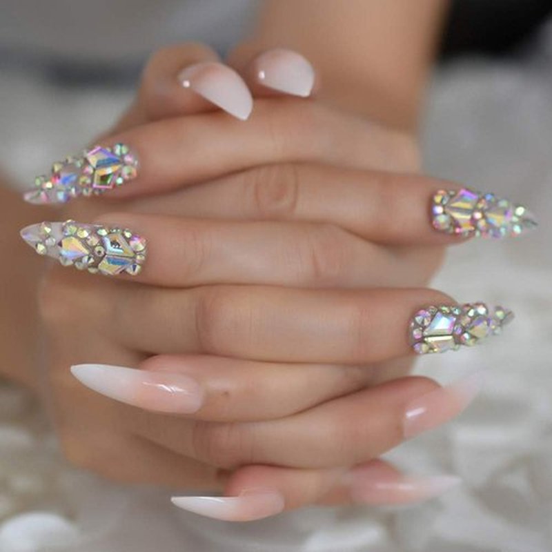 Luxury Fake Nails Designer Extra Long Ombre French Jewelry Pre-designed Nails Natural Stiletto AB Stones Decoration Tips