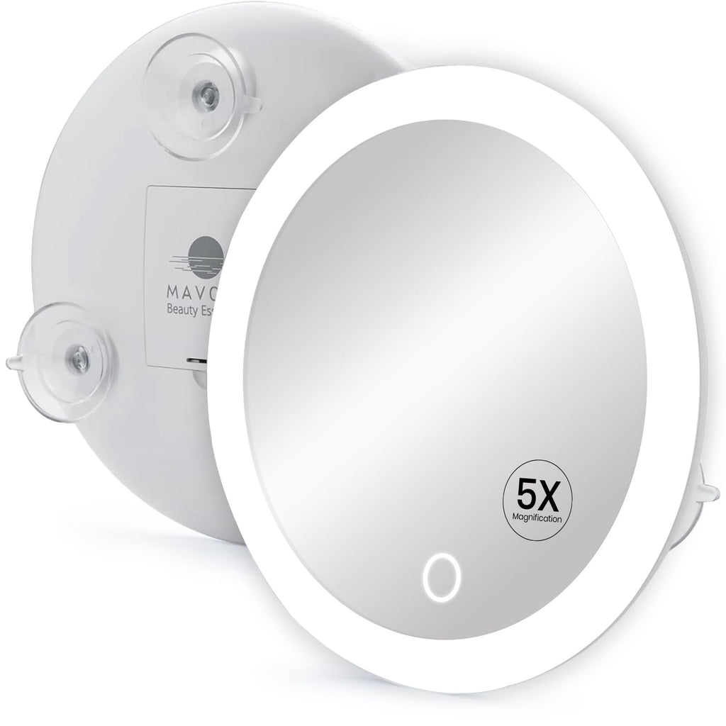 Mavoro 6.8" LED Magnifying Mirror with 3 Strong Suction Cups | 5X Magnification | Portable Lighted Travel Makeup & Cosmetic Mirror with Light (4 AAA Battery Operated | 5X)