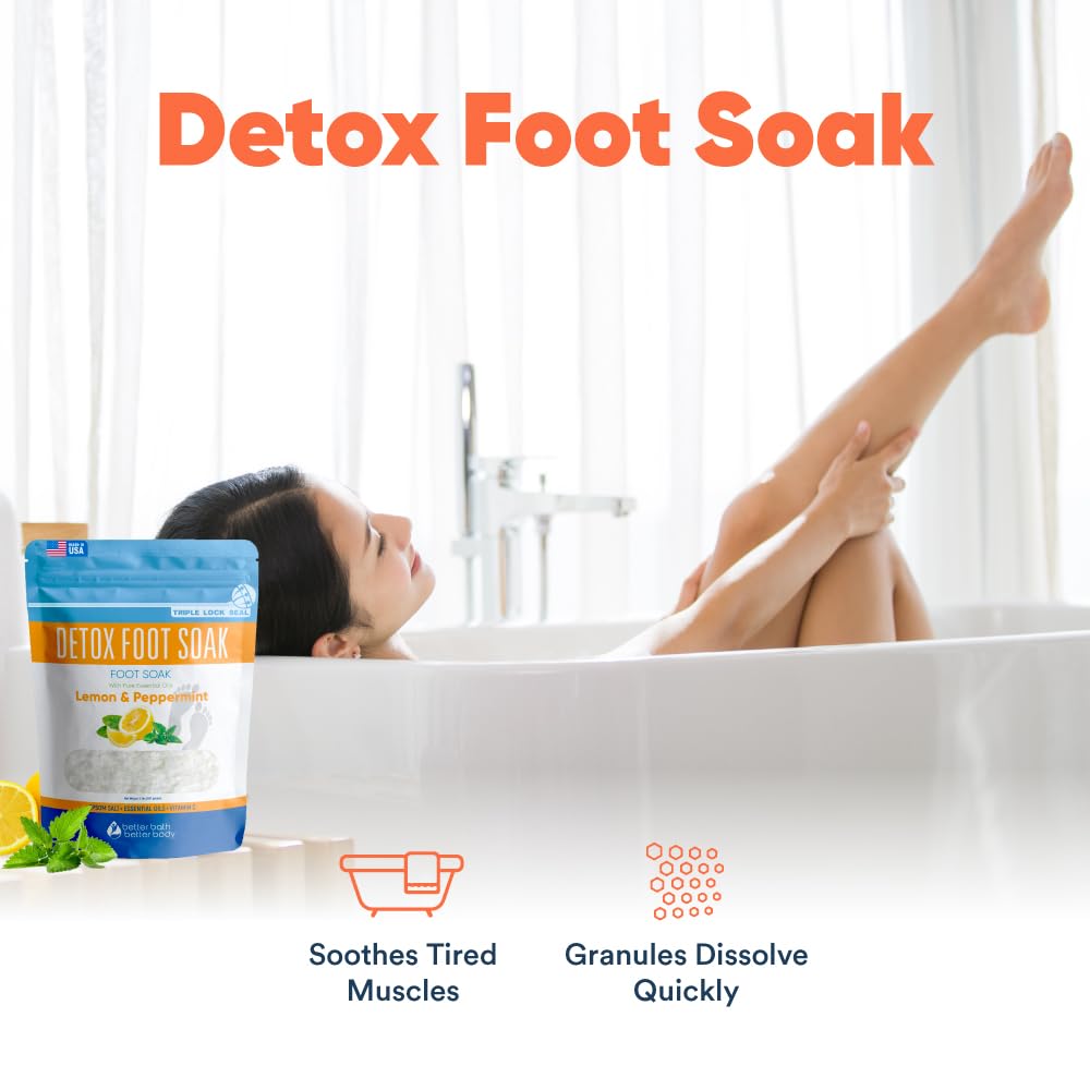 Detox Foot Soak Salts 32 Ounces with Lemon, Peppermint, Lavender Frankincense Essential Oils BPA Free Pouch with Easy Press-Lock Seal Soothe Athletes Foot, Soften Calluses, Relax Tired Feet
