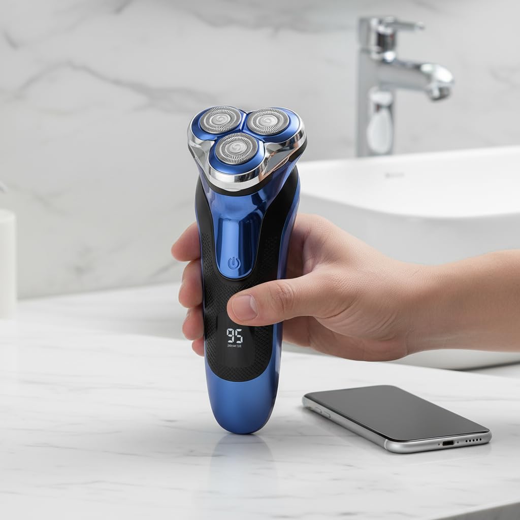 Electric Razor for Men, Rotary Shaver with 3 Floating Heads, LED Power Display, Wet and Dry Use, Blue