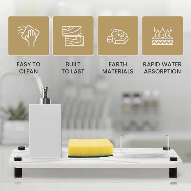 Skiennix 2pc Stone Drying Tray - Diatomite Sink Caddy & Kitchen Organizer - Water Absorbing Mat (White)