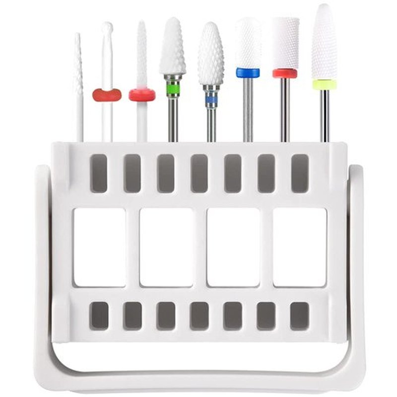 KADS 8 Pcs Ceramic Nail Drill Bits Set and 16 Holes Nail Drill Bits Holder Display Milling Cutters for Electric Manicure Drill Machine Manicure Gel Polish Remover (8 Ceramic Bits + White Holder)