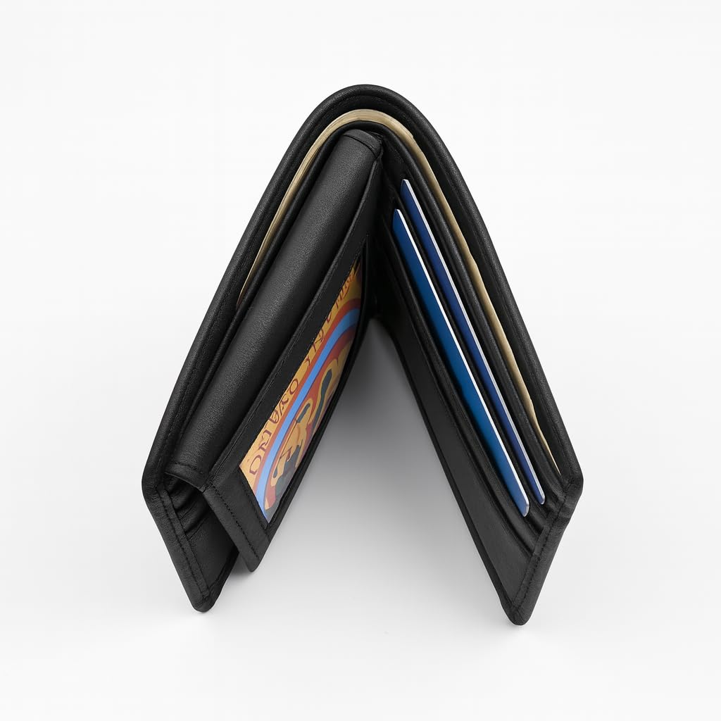 CestAntiQ Full Grain Leather RFID Blocking Bifold Wallet for Men with Guitar Pick Holder, Slim Leather Billfold, Classic Gift Wallet (Pass Case Wallet, Black)