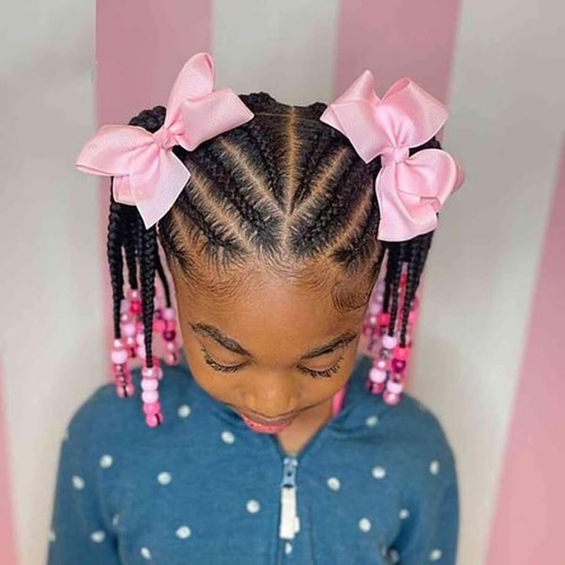 Kid's Summer Kids Ponytail Extension With Beads Box Braids Hair Extensions For Kiddie Synthetic Hairpieces With Bows Protective Easy Fashion Hairstyle For Baby Girls Toddler Gift (Pink, Box-9inch)