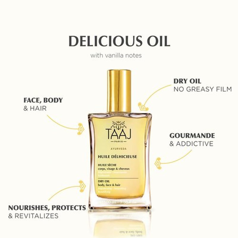 TAAJ | Délhicieuse Dry Beauty Oil | Nourishing Face, Body & Hair Oil | Vegan & 96% Natural | 1.7 fl oz