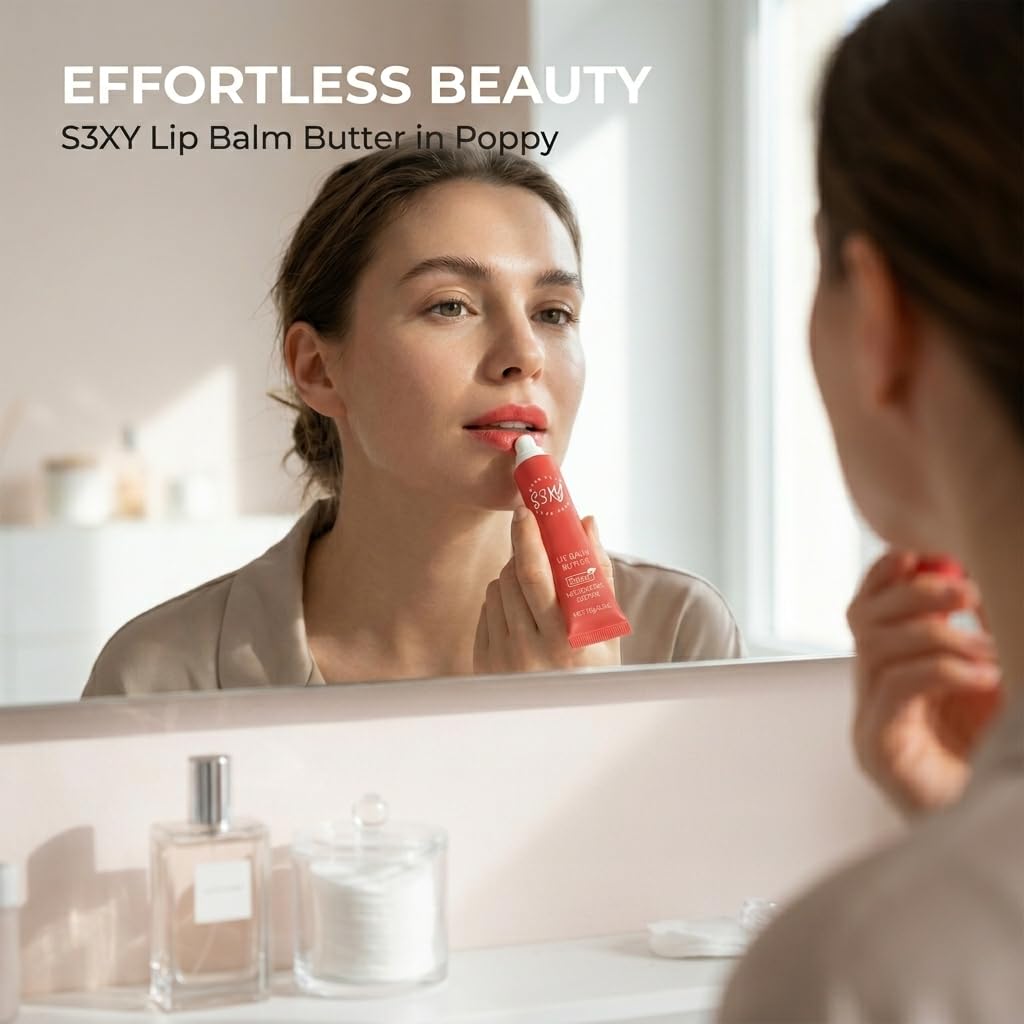 S3XY Tinted Lip Balm Butter - Vegan- Conditioning Lip Balm for Instant Moisture, Shine & Hydration - Sheer-Tinted, Soothing Skincare (Poppy)