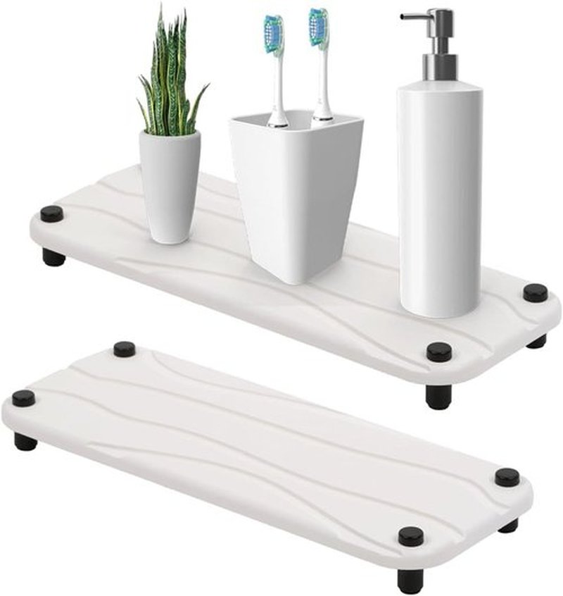 Skiennix 2pc Stone Drying Tray - Diatomite Sink Caddy & Kitchen Organizer - Water Absorbing Mat (White)