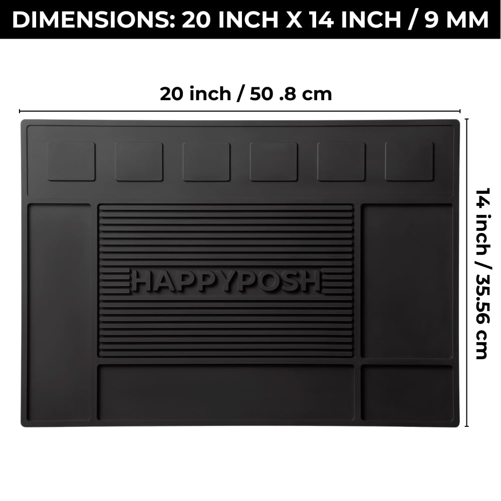 HAPPYPOSH Magnetic Barber Mat for Clippers, 20" x 14" Large Barber Station Organizer with 6 Strong Magnets, Non-Slip Heavy-Duty Rubber Mat, Keeps Tools Secure & Organized.Black