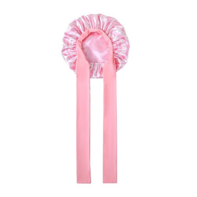 GDTOGRT Satin Silk Bonnet for Sleeping Women, Double Layer Sleep Hair Bonnets Caps for Curly Natural Hair with Tie Band - Pink Stripe