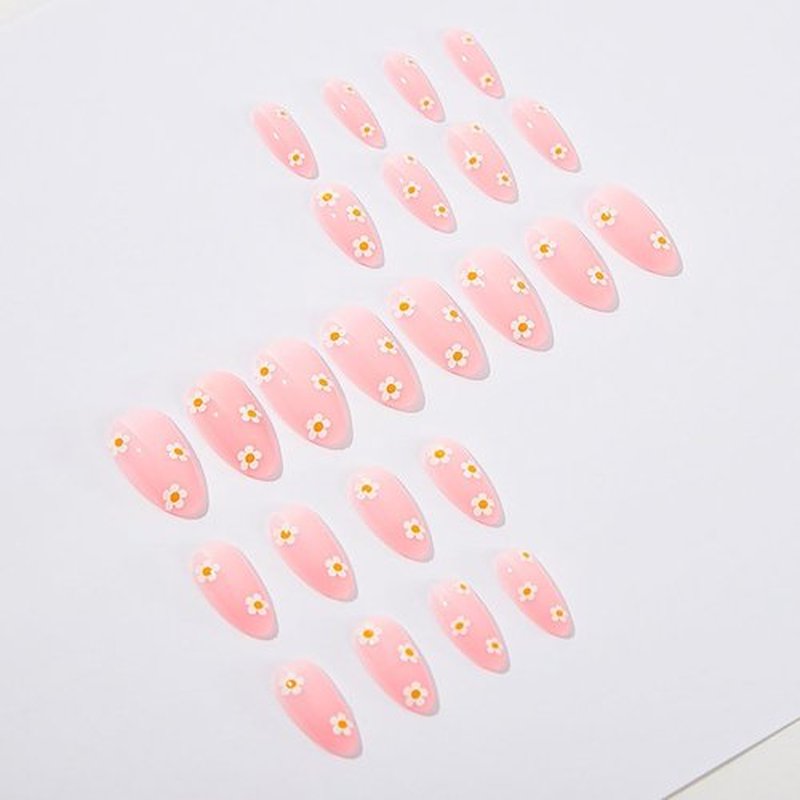RikView Pink Press on Nails Medium Fake Nails with Daisy Design Almond Nails Glossy Full Cover Nails for Women 24 PCs/Set