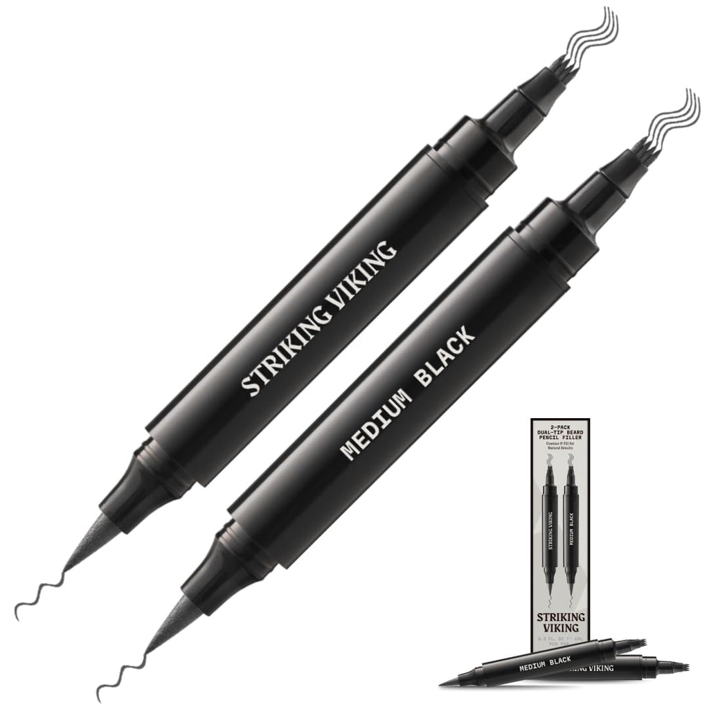 Striking Viking Beard Filler For Men - Medium Black, 2 Pens Pack - Temporary Beard Dye - Waterproof Sweatproof Long Wear Beard Pencil for Touchups & Gap Contouring - Enhances Facial Hair